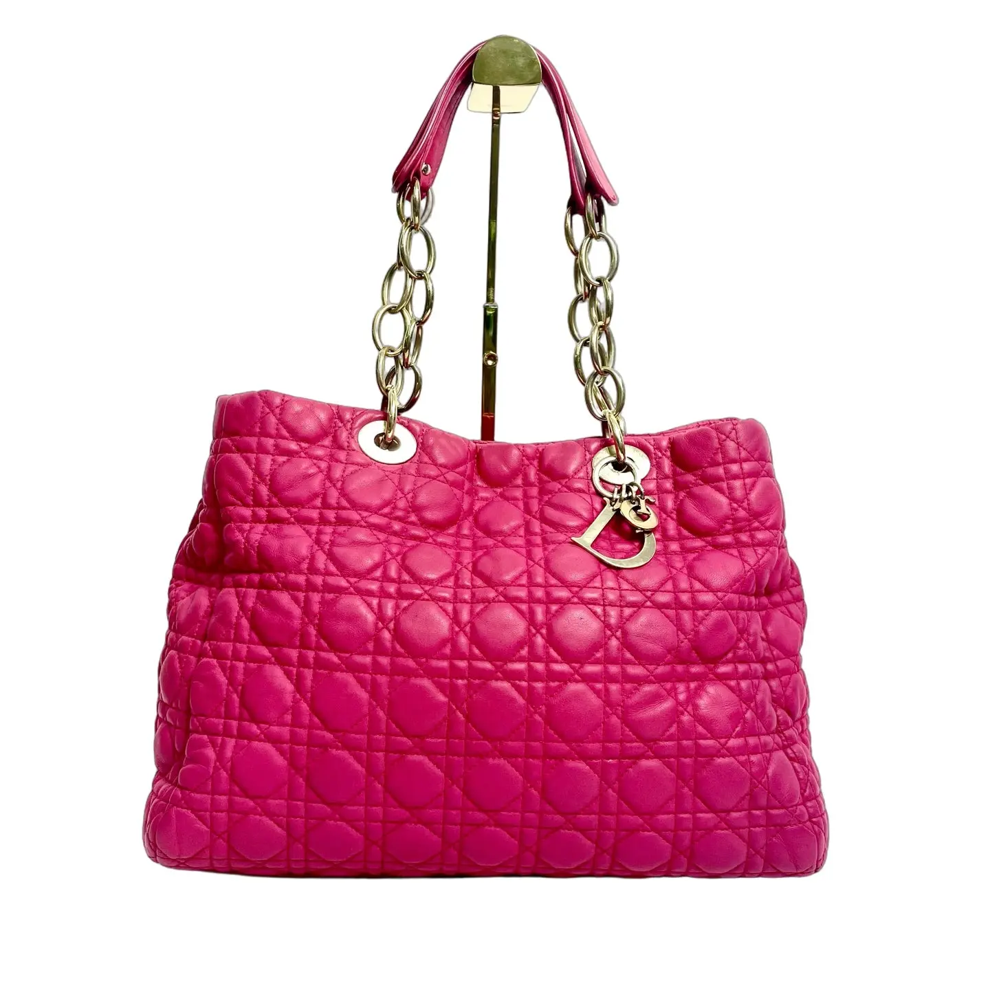 Pre-owned leather Tote Bags Christian Dior Cannage Lambskin Soft Tote Bag in Fuchsia