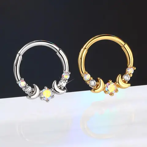 Oufer 16G Two Moons CZ Gems Hinged Septum Jewelry Stainless Steel Septum Ring