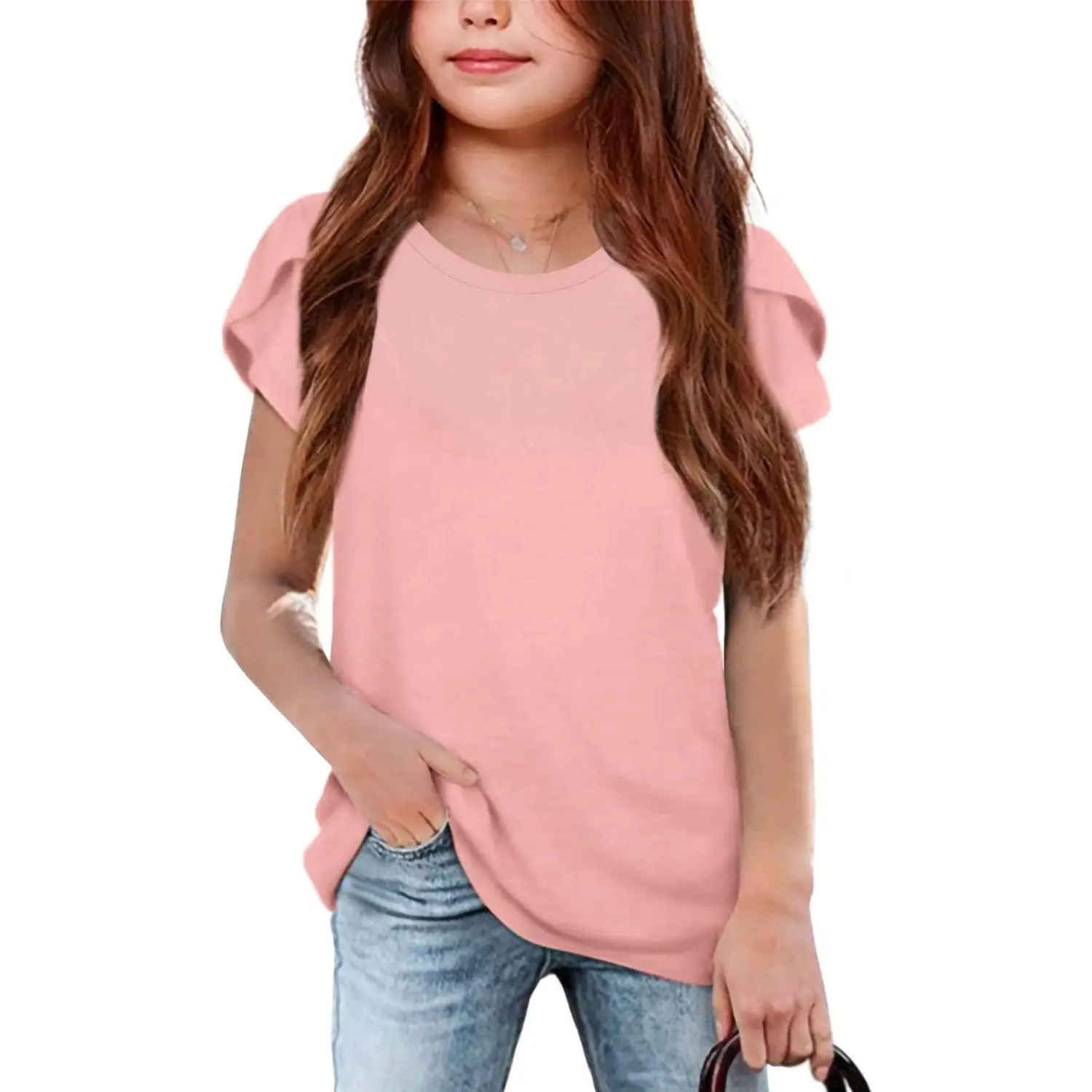 Girls' Summer T Shirts Crewneck Petal Short Sleeve Cute Casual Tops