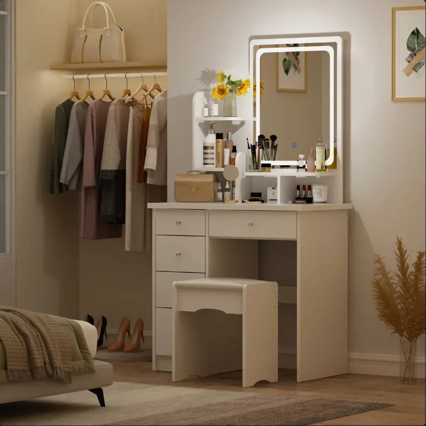 Latitude Run Makeup Vanity Desk 31.5 Inch with LED Lighted Mirror 5 Storage Drawers Modern Dressing Table for Bedroom Beauty Station