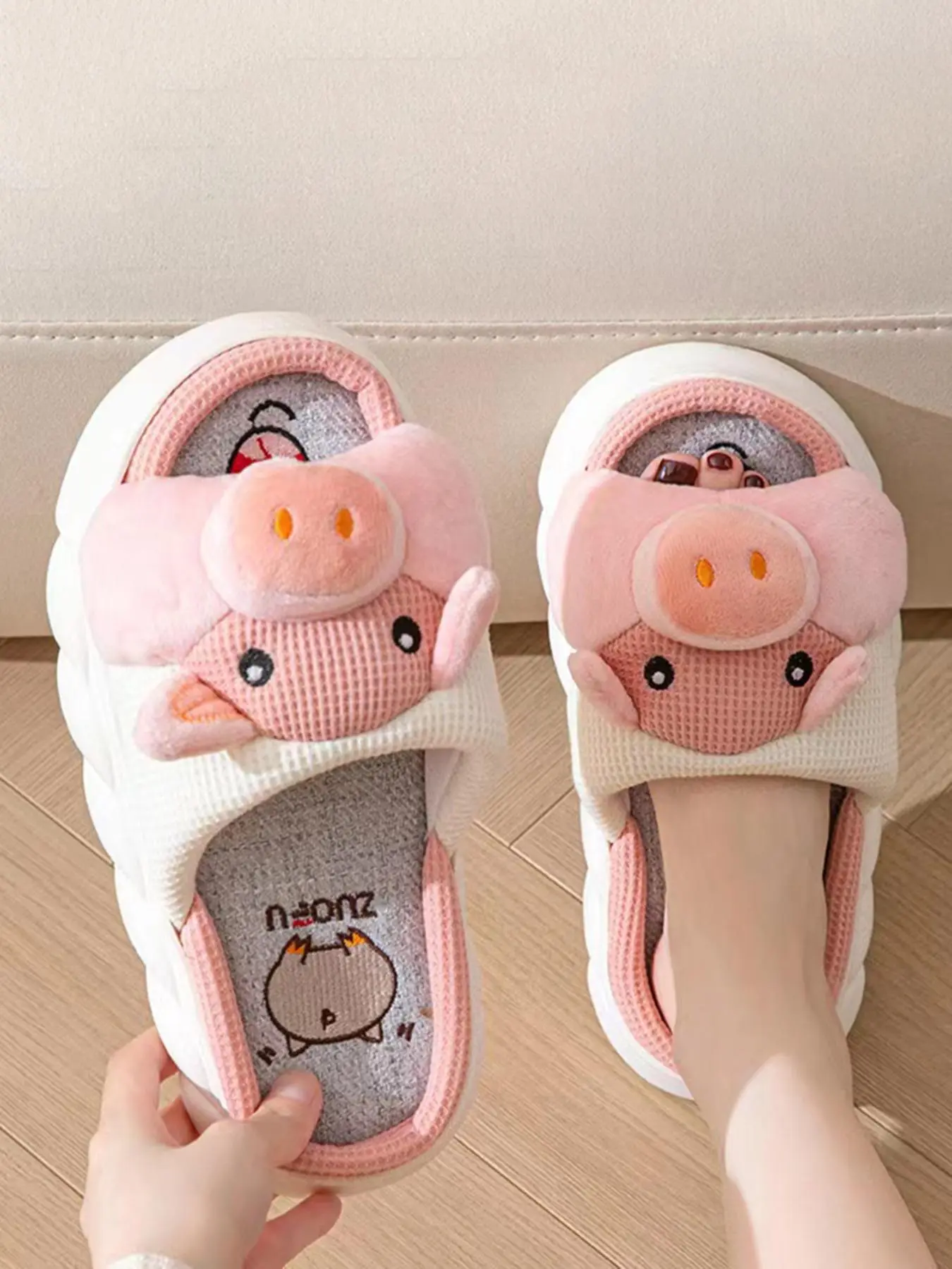Women's Cute Cartoon Pig Design Slippers, Open Toed Slippers, Casual Soft Comfortable Home Slippers, Non-slip Thick Soled Slippers for Indoor & Outdoor Wear, Slide