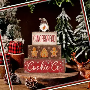 4 pcs Christmas Table Centerpiece Rustic Decorative, Tiered Tray Decor, Nativity Scene Wooden Decoration, Funny Gingerbread Christmas Sign, Block Signs Gift Farmhouse Winter Table Decoration for Home Kitchen