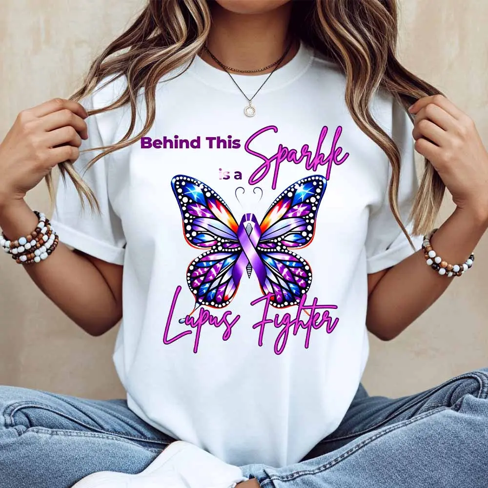 Butterfly And Text Behind This Spark Is A Lupus Fighter Print T Shirt White Casual Loose Fit For Everyday Wear And Light Activities