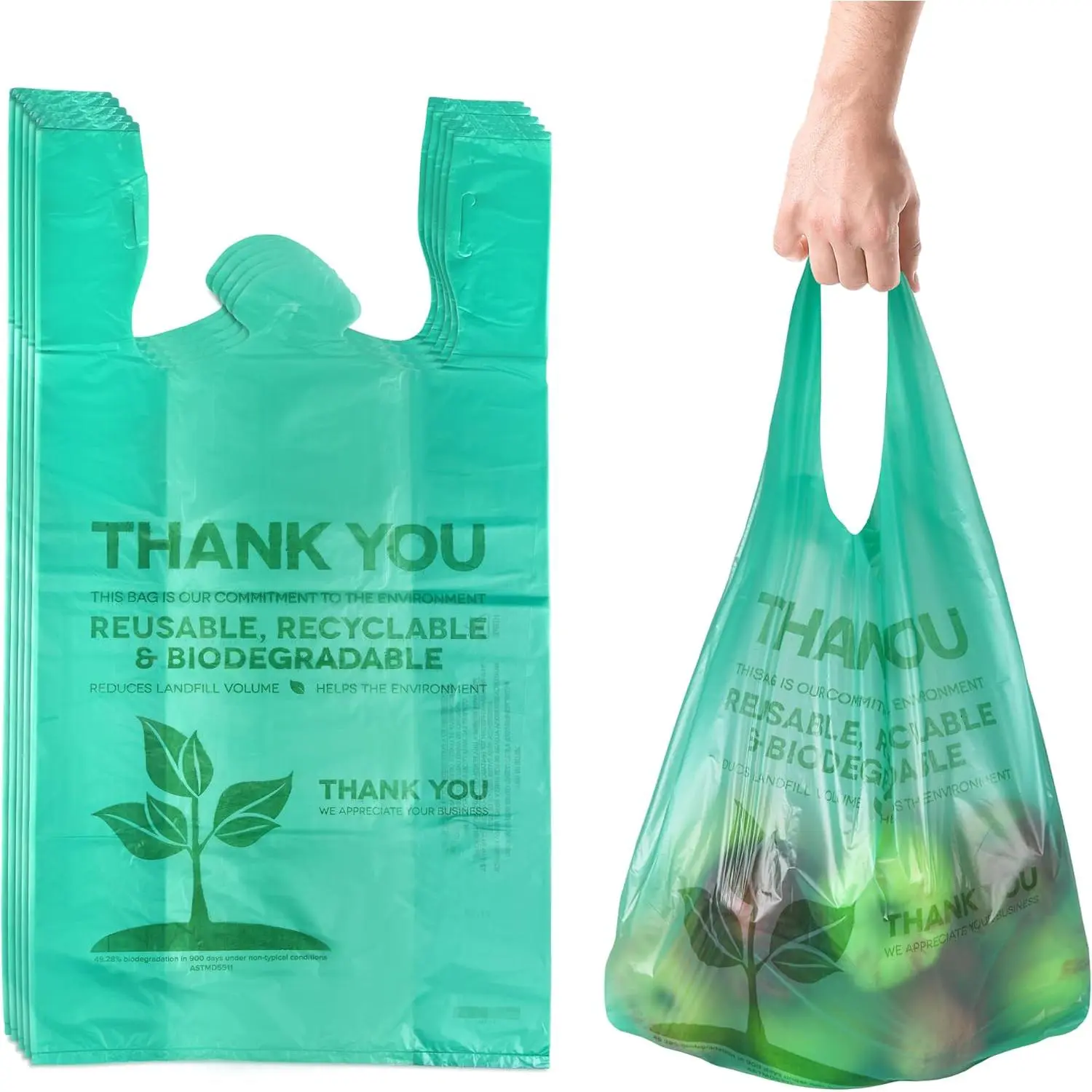 Eco Green Plastic Bags - 100 Count Biodegradable Shopping Bags-Thank You - 22" x 12" Carry Out Bag. (100)
