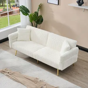 Corduroy Futon Sofa Bed, Small Couch, Loveseat, 79" Convertible Futon Sleeper Sofa with Folding Armrests and 2 Pillows, Modern Couch for Bedroom, Living Room (White)