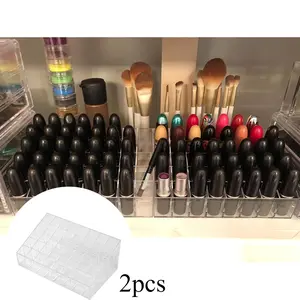 2-Pack Acrylic Lipstick Organizer 40 Slot Clear Makeup Display Case Multi-Use Cosmetic Storage for Brushes & Bottles Vanity Table Desk Boxes