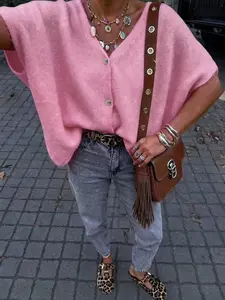 New Women's Elegant Outdoor Knit Cardigan, V-Neck Button Short Sleeve, Loose Fit, Casual Style, Spring Summer, Y2K, Festival Fashion