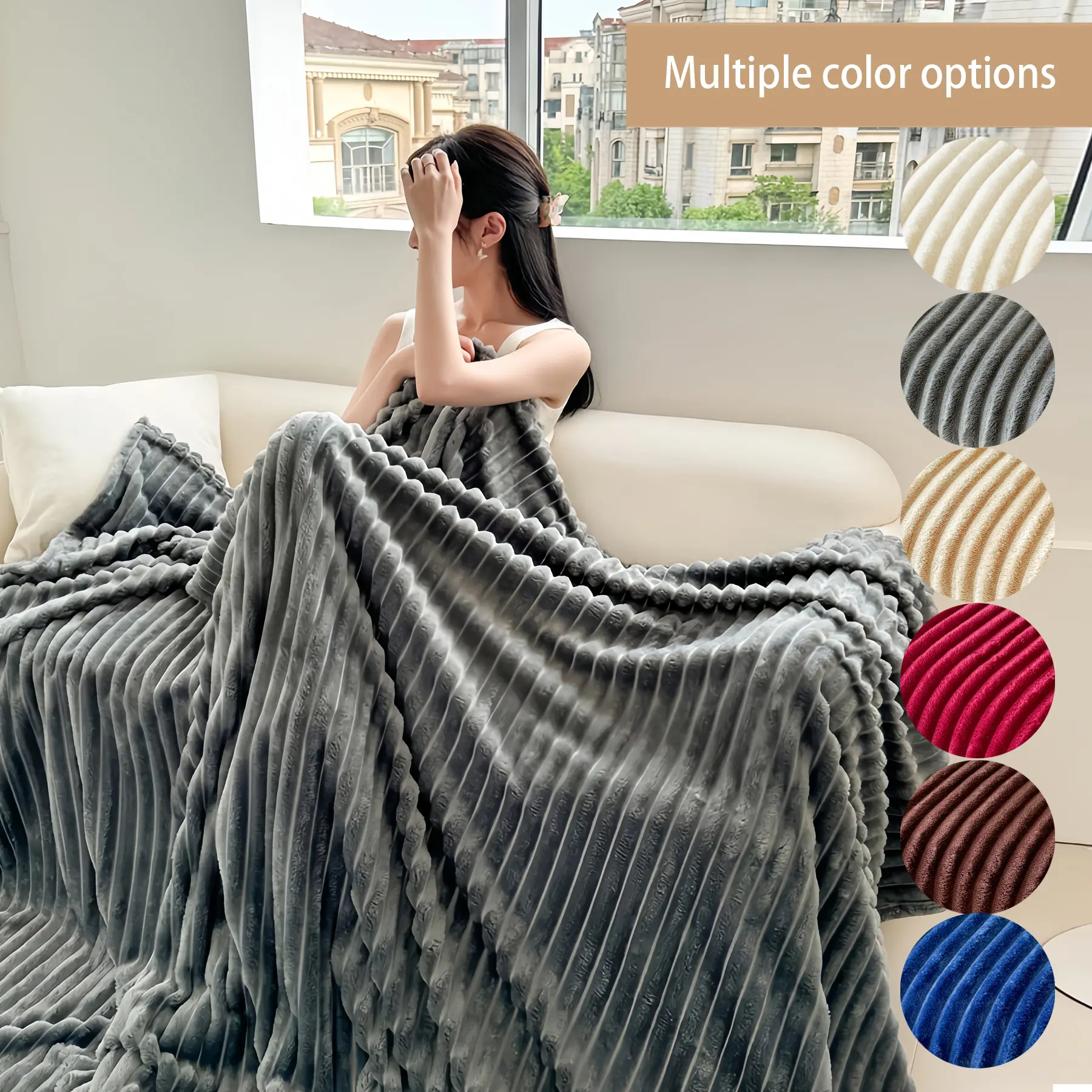 Solid Color Stripe Flannel Blanket, Lightweight Flannel Blanket, 1 Count Soft Comfortable Warm Throw, Air-conditioned Room Blanket, Warm Nap Blanket for Home & Office, Soft Fleece Blanket, Flannel Fleece Blankets, Soft Cozy Blanket