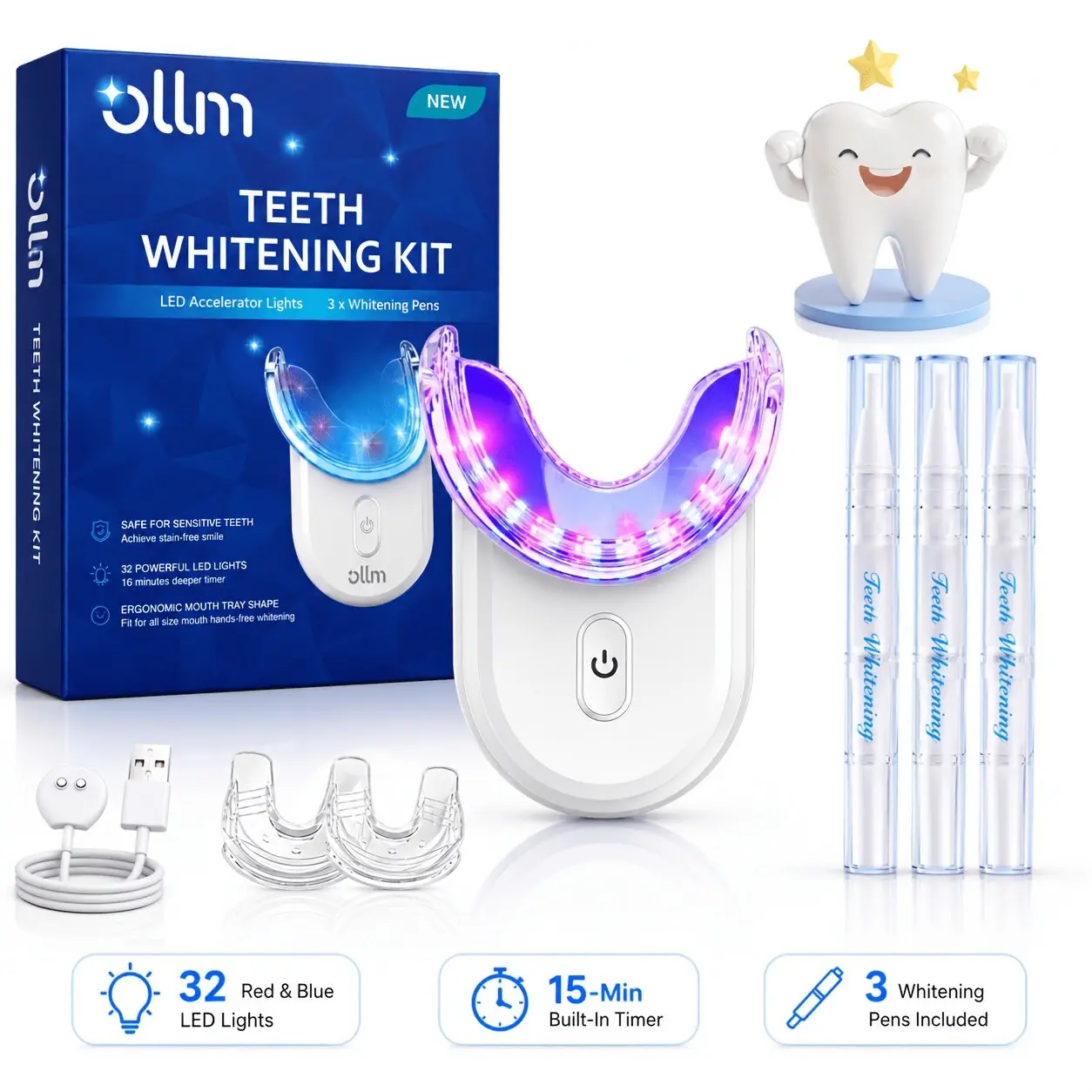Teeth Kit with 32-LED Red & Blue Light Accelerator, Wireless, Gentle Stain Removal, Includes 3 Gel Pens, Perfect for Home, Travel, Dating, Business Trip, Father'S Day Gift