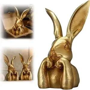 Premium Large Easter Gold Resin Bunny Table Decor, 2026 New 8‘’ Easter Thinking Bunny Figurine for Home Table Centerpiece Decorative,  Rabbit Figurines for Home Indoor Decor