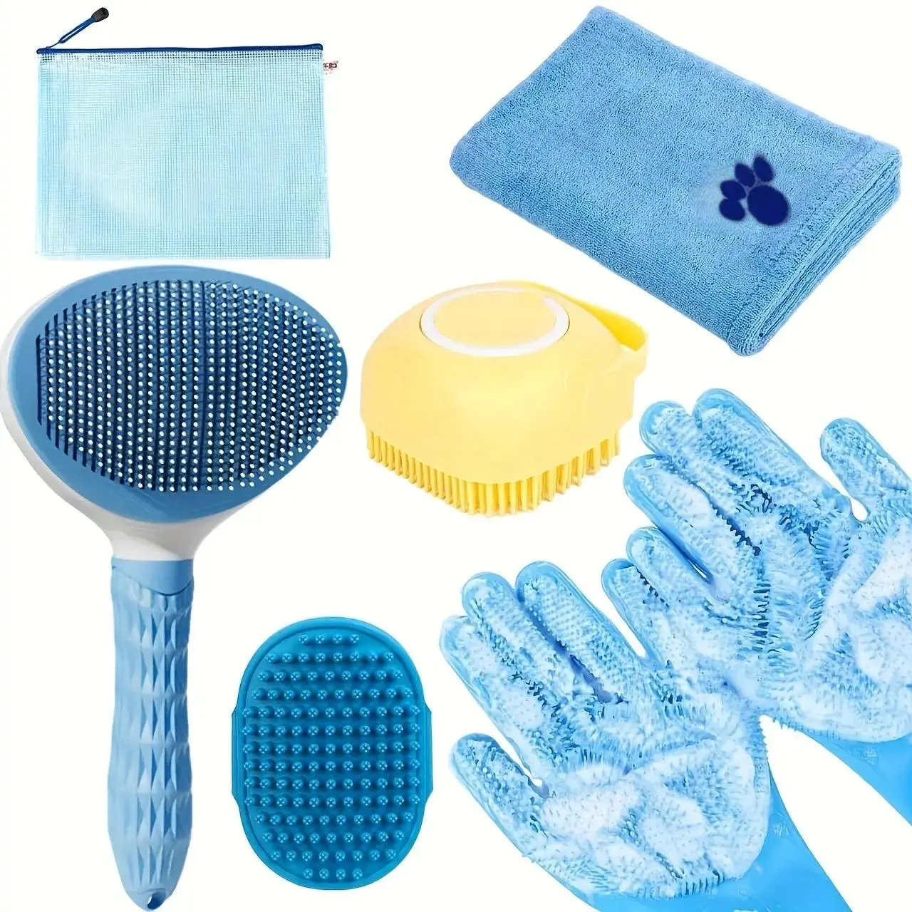 Dog Bath Brush Set, 6 Counts/set Dog Bath Hair Brush & Towel & Gloves & Storage Bag, Pet Paw Grooming Tool Set, Paws Cleaner, Pet Bathing Tool Supplies for Dog & Cat