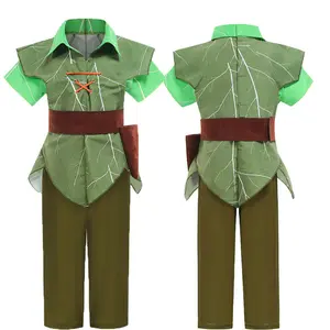 Boys' Cotton Blend Green Peter Pan Elf Cosplay Set - Multi-Size Costumes with Scalloped Hem for Halloween, Stage Performances
