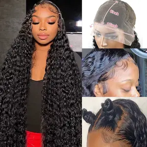 New Deep Wave 13x6 Lace Frontal Wig 250% Density Soft Full Breathable Curly Human Hair Wig for Women Transparent Swiss Lace Classic Black