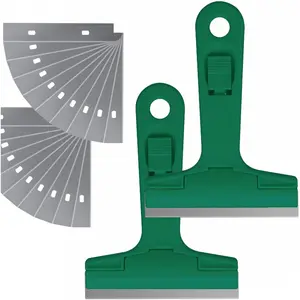 2pack 5.5 inches Industry Glass Scraper Scraping Hand Tool, T Shape Razor Blade Scraper with 20x Blades, Steel Scraping Knife for Window Stove Windshield Aquarium Tile Floor Wall Cleaning (Green)