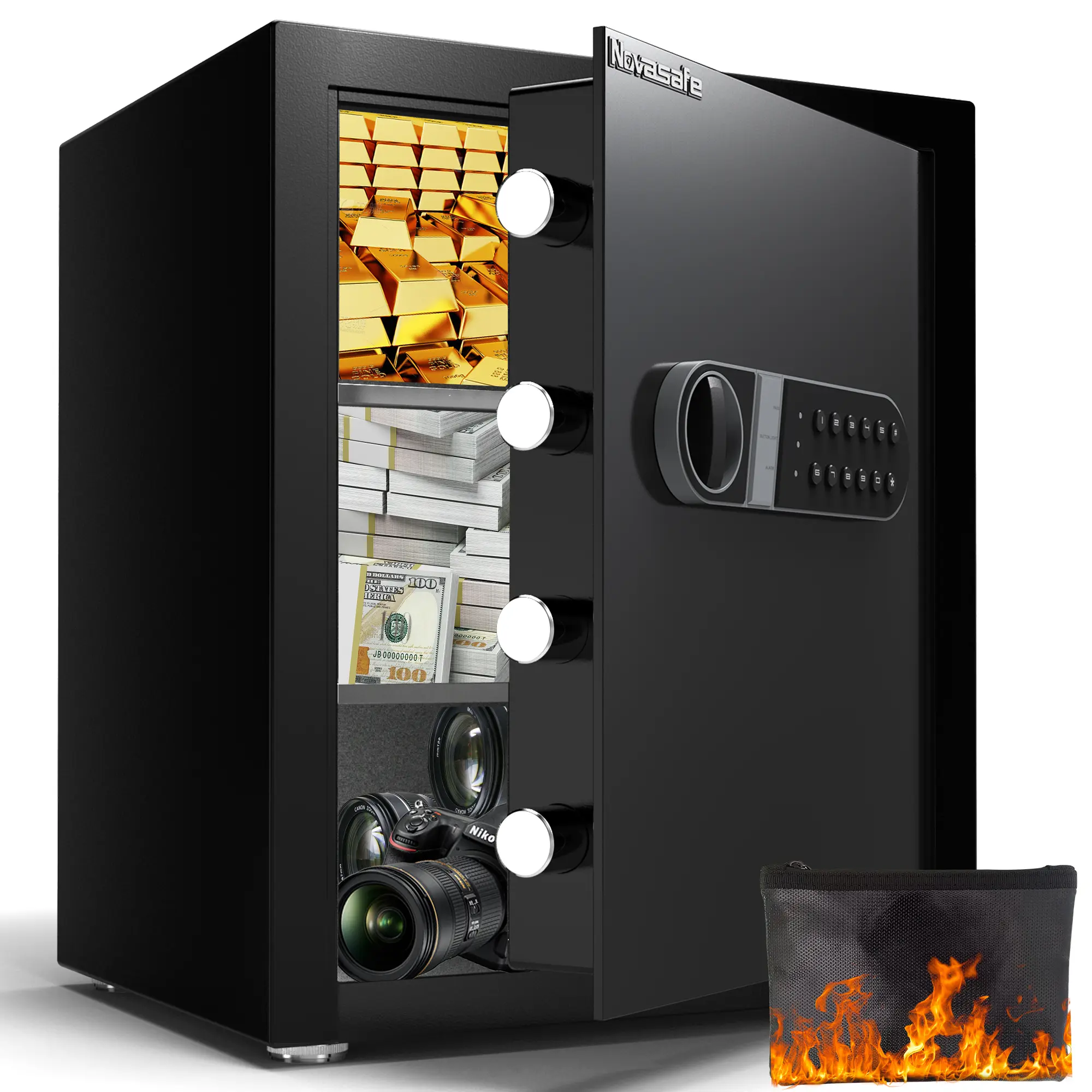 Nova Safe 2 Cu Ft Digital Combination Home Safe - 1 Fireproof Bag Included, 2 Opening Methods (Keypad/Key), Adjustable Shelves, Anti-Theft Steel Structure, for Home/Office Jewelry, Cash, Important Documents Storage