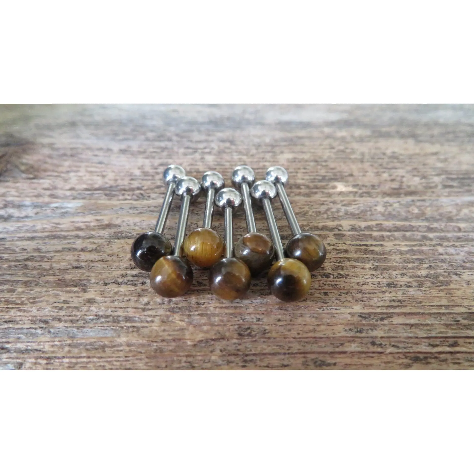 Tiger Eye Titanium Ti6Al4V ELI Implant Grade Natural Stone Barbell Tongue Ring 14g (1.6mm) Piercing