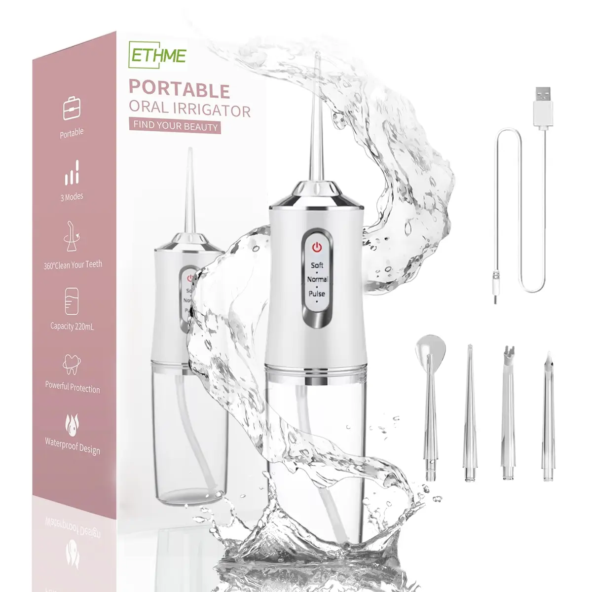 ETHME A8 Pink Rechargeable Electric Toothbrush with Dental Mini Travel Water Flosser Stronger for Teeth Cleanser Portable Cleanser Cordless Oral Irrig