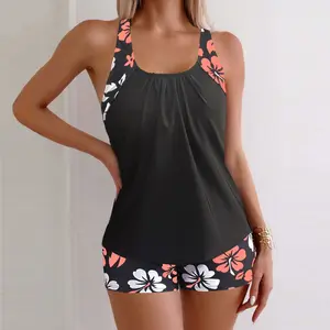 2026 Women's Floral Print Ruched Tankini Set, Adjustable Strap U Neck Swim Top & High Waist Swim Shorts, Two-piece Swimsuit for Summer Beach Holiday Vacation Flower Print Tankini With Shorts