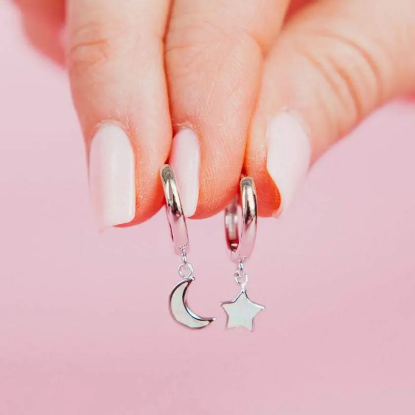 Starry Night Huggie Hoops in 925 sterling silver opal moon and star hoops