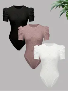 Women's Plain Fitted Basic Bodysuit, Casual Fit Pastel Long Sleeve Bodysuit for Daily Wear, Ladies Clothes for All Seasons