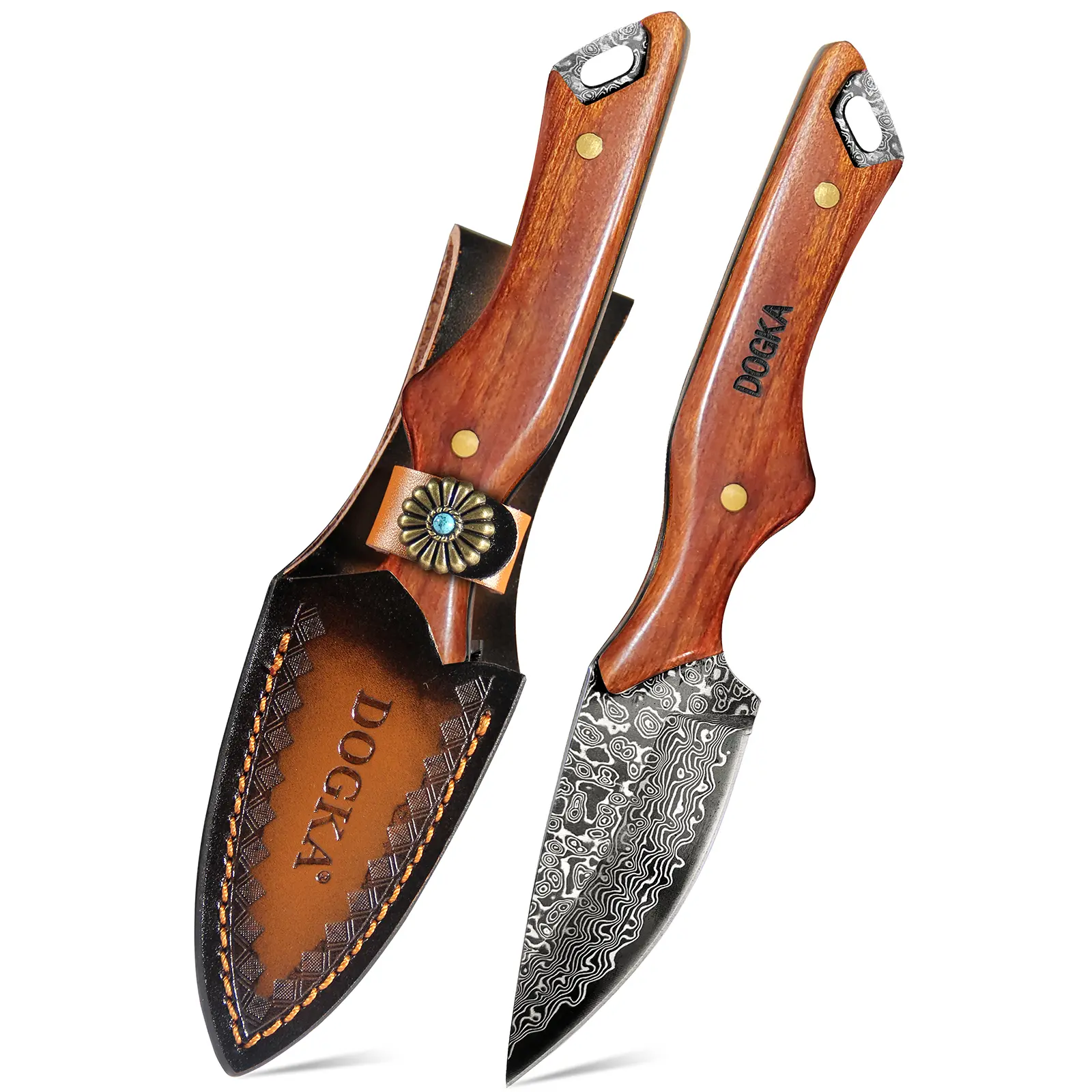 Classic Outdoor Knife, 18.5cm Damascus Pattern Blade, Non-Slip Birch Wood Grip, Compact Rugged Design, Leather Sheath Included, Unique Men’s Gift for Hiking & Camping, Secure Hold, Outdoor Sports Knives, Leather Sheath Safe
