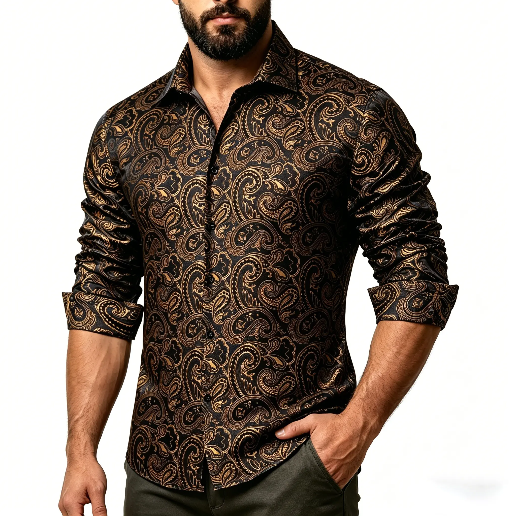 Ailisus Men's Luxury Paisley Jacquard Dress Shirt, Shiny Slim-Fit Long Sleeve Button Down Top, Anti-Wrinkle for Business Casual & Prom, Menswear, Casual Button Collared, Longsleeves, Business Casual Tops