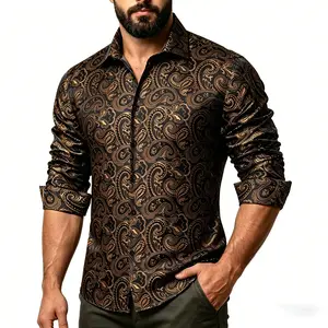 AILISUS Men's Paisley Black Gold Jacquard Long Sleeve Dress Shirt Plus Size Breathable Anti-wrinkle Button Down Prom Shirt Luxury Formal Casual Shiny Soft Stylish Regular-Fit Business Tops New In