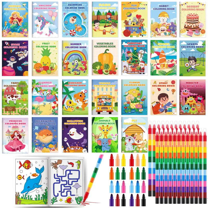 Kids' Mini Coloring Book Set (26-Pack) - Includes 24 Stacking Crayons, Bulk Birthday Party Favors, School Classroom Supplies