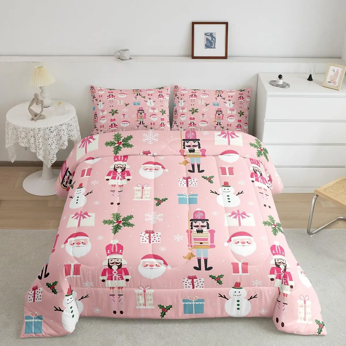 Feelyou Toddler Multi-Size 3D Digital Print Breathable Bed in a Bag Set - Pink Nutcracker,Santa Claus,Snowman,Snowflake 3D Kids Comforter,Kids Blanket,Novelty Duvets & Sets,Modern Xmas Bedding,Machine Washable Bedroom Decor