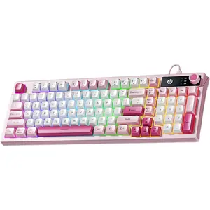 HP K500F Wireless Keyboard, Tri-Mode Bluetooth 5.0/2.4GHz/USB-C Wired, RGB Backlit Cute Gaming Keyboard with Volume Knob, 3000mAh Rechargeable Membrane Keyboard for PC Windows, Pink