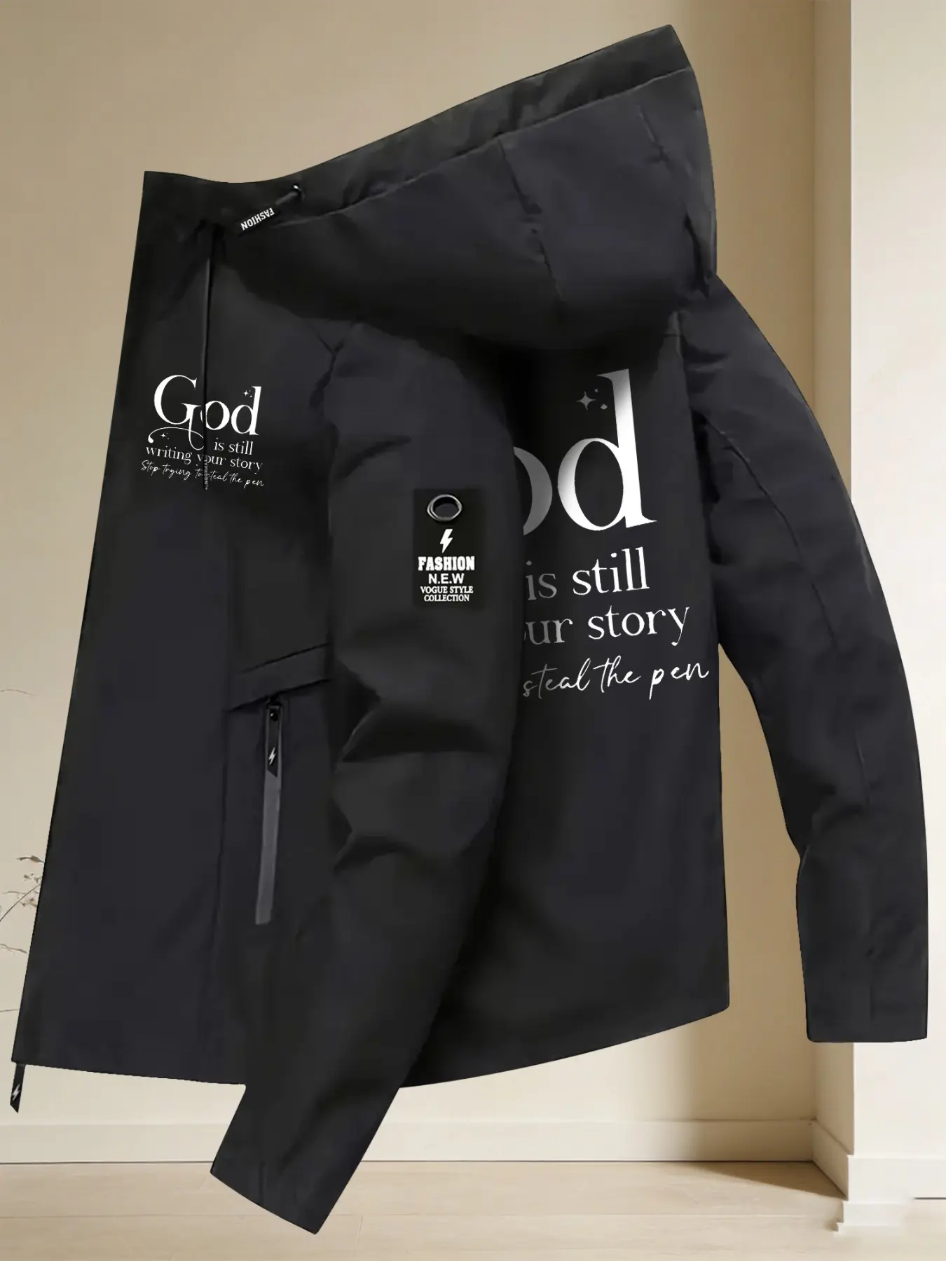 Women's Trendy Hooded Jacket (Light Blue) Available With "God is still writing your story Stop trying to steal the pen" Religious Healing Slogan Print Minimalist & Powerful Style Easy Pull Zipper Loose Fit Soft Fabric Casual Versatile Womenswear
