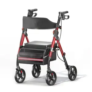 Matinal Foldable Rollator Walker with Seat for Seniors 350 lb Capacity 8 Inch Big Wheels 6 Position Height Premium Hybrid Rolling Walker Aluminum and Carbon Steel Red
