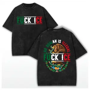 Fck ICE with Mexican Flag Washed Cotton T-Shirt, Vintage Anti ICE Protest Tee, Immigration Rights Political Statement, No Human Is Illegal Shirt