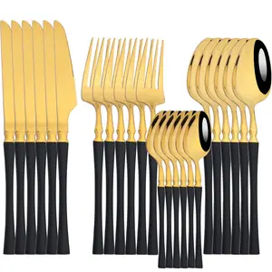 Stainless Steel Gold Cutlery Set, 24pcs/set Includes Knives & Forks & Spoons & Dessert Spoons, Dishwasher Safe, Ideal for Home Kitchen Restaurant Parties Holidays, Dinnerware Service Set, Modern Tableware Sets
