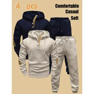 Men's Quilted Hooded Pullover with Half-Placket Buttons + Jogger Pants: Soft Casual Sportswear Set