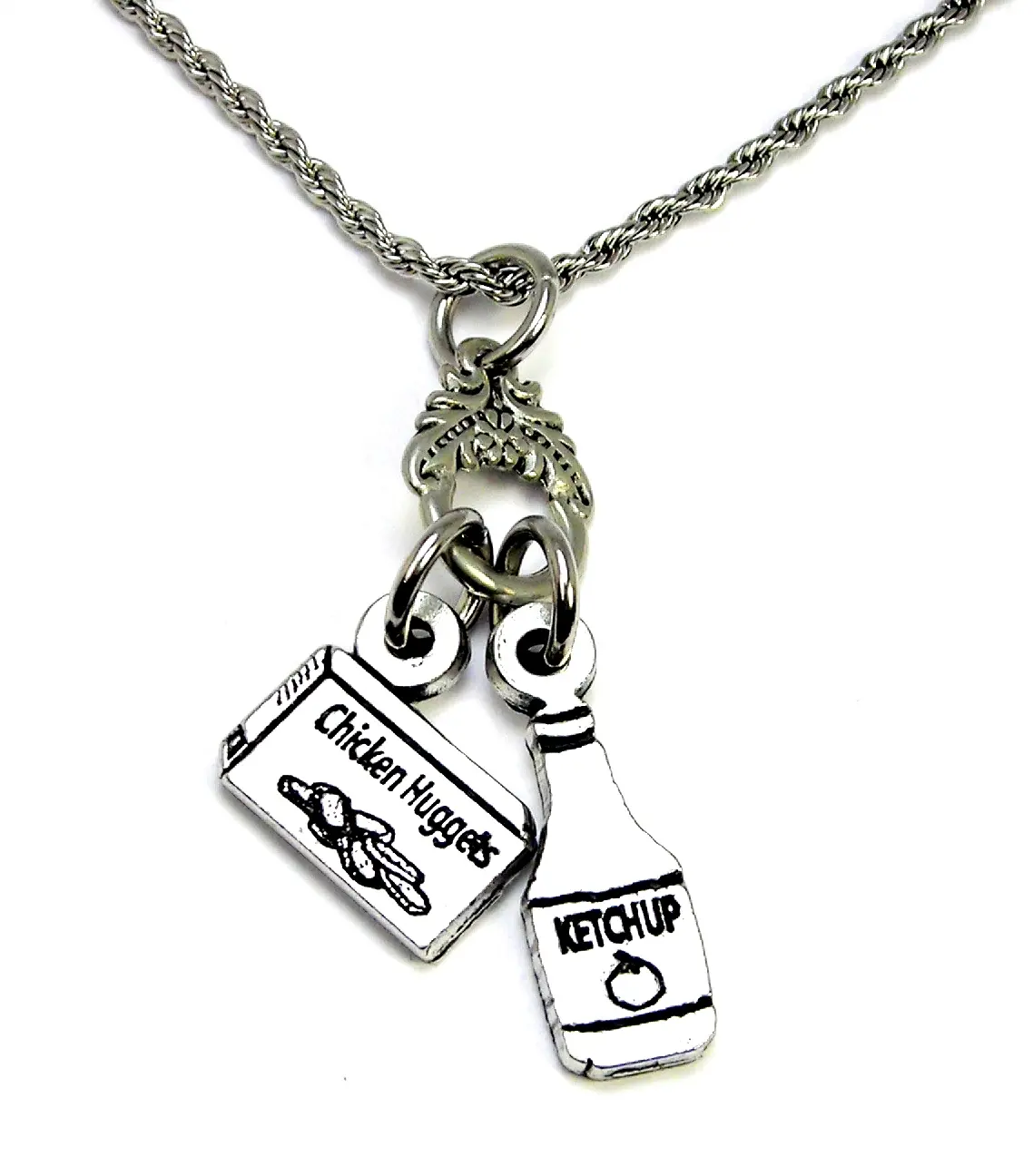 Chicken nuggets and ketchup bottle charm holder necklace made by ChubbyChicoCharms