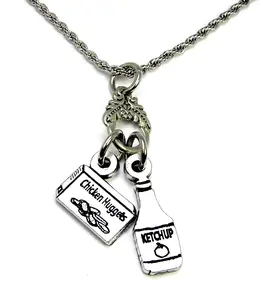 Chicken nuggets and ketchup bottle charm holder necklace made by ChubbyChicoCharms