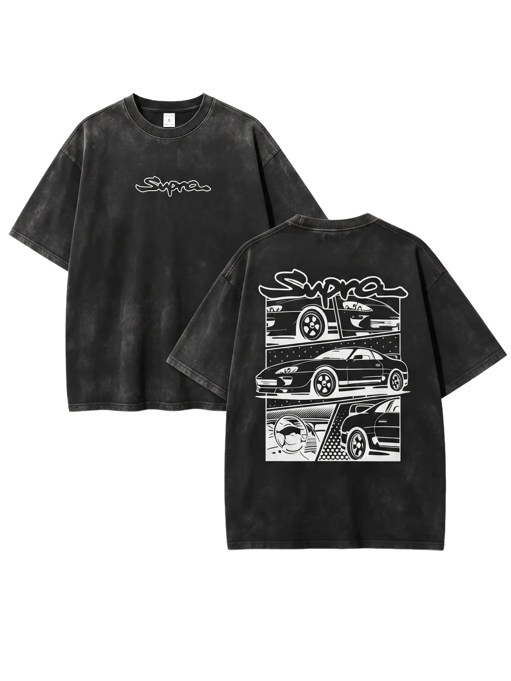 Men's Toyota Supra MK4 JDM Manga Car Graphic Tee - 100% Cotton, Distressed Look, Regular Fit Crew Neck, Front Script Logo, Back JDM Car Prints, Unisex Casual Top, Cold Machine Wash, 100 Percent Cotton, Relaxed Fit