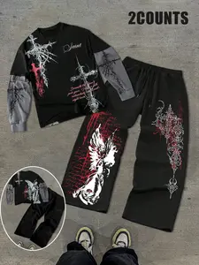 Men's Two-Piece Long Sleeve Fitted T-Shirt and Casual Straight Leg Drawstring Pants Set, Gothic Cross & Angel Graphic Print, Fall Winter Streetwear