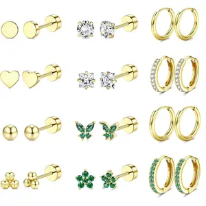 CASSIECA 12Pairs Hypoallergenic Flat Back Earrings for Women Men Surgical Stainless Steel Earrings for Sensitive Ears Small Stud 14K Gold Plated Hoop Cartilage Earring Stack Set for Multiple Piercing Jewelry Flatbackearrings