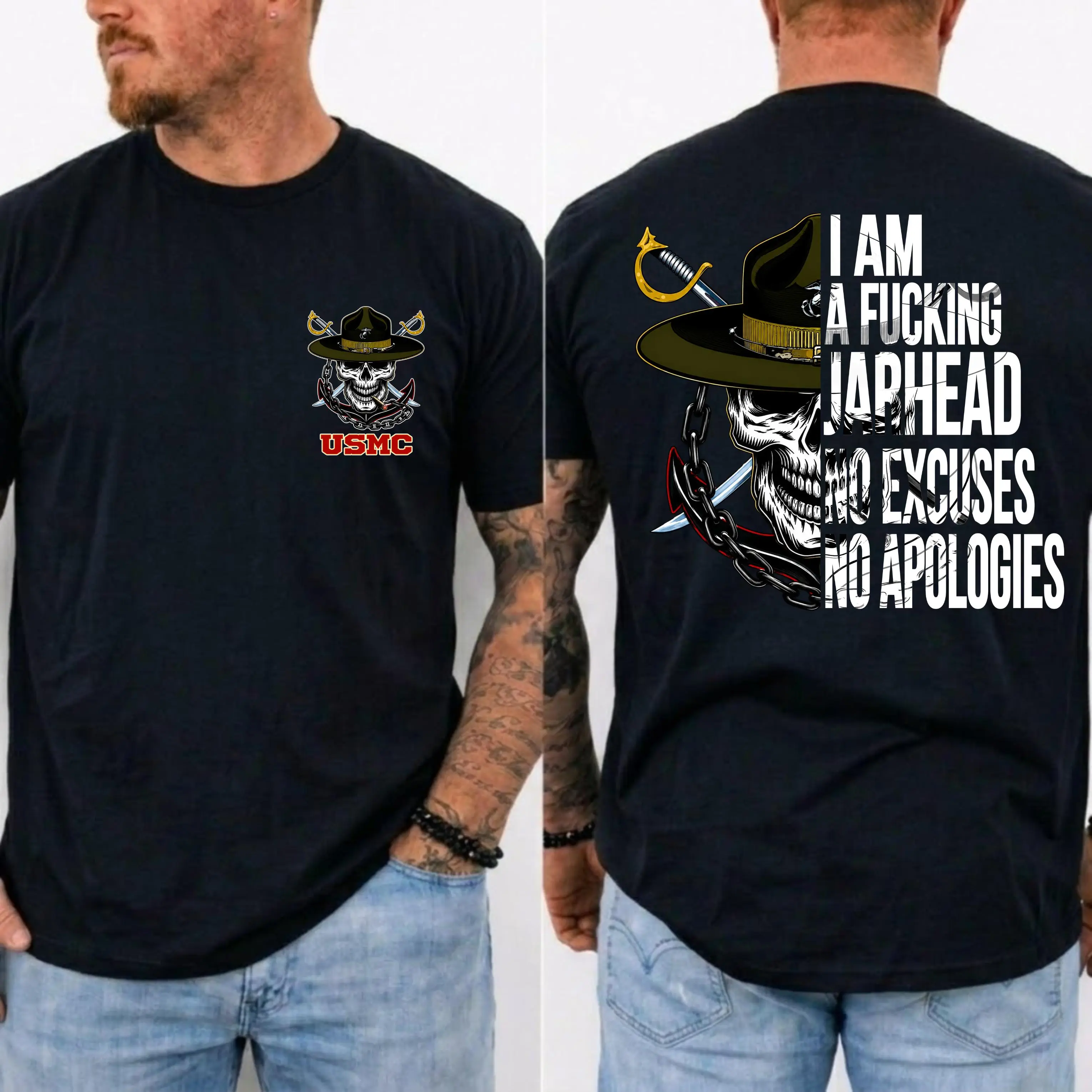 Veteran Vibe Shirt USMC Jarhead Skull T-Shirt – No Excuses No Apologies Vintage Marine Military Graphic Tee MADE IN USA