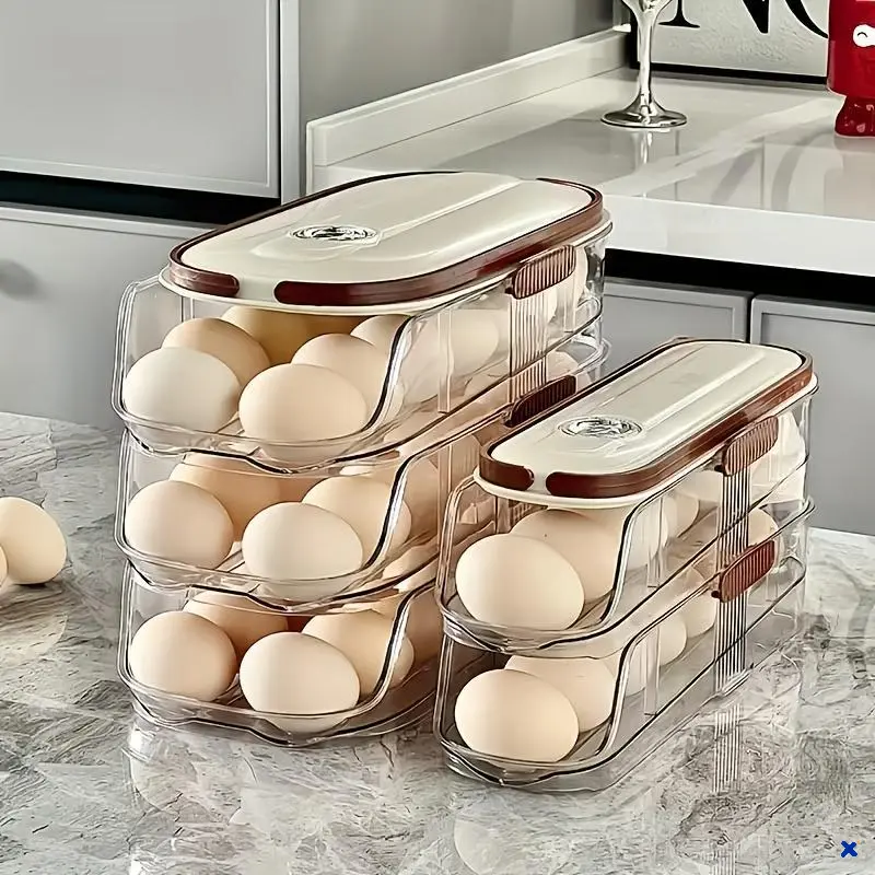 3-Layer Double Row Auto Rolling Egg Storage Box, Anti-Crack Space Saving Fridge Egg Tray Kitchen Organizer