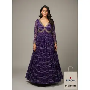 Designer Heavy Georgette Bandhni Handwork Long Gown with Dupatta | Sabyasachi Style | Purple | Sizes 36–46 | Custom Fit Available