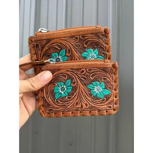 Turquoise Flower Cowhide Tooled Leather Zipper Pouch
