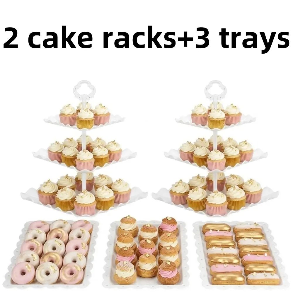 Plastic 5-Piece Dessert Table Display Set, 2 Large 3-Tier Cupcake Stands, 3 Appetizer Trays for Party, Pack