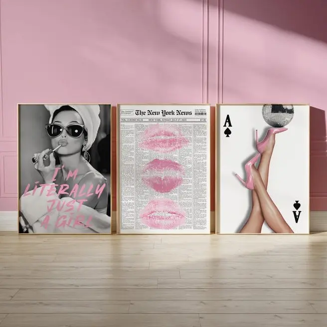 Retro Coquette Wall Art Set of 3 Pink Poster Heels, Lips & Girl Quote  Dorm Room Decor, Feminine Y2K Aesthetic
