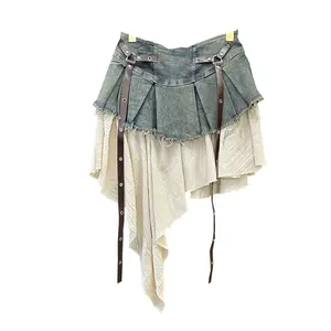 Retro splicing denim pleated skirt women's summer new style temperament hot girl fashionable high waist slim a-line short skirt