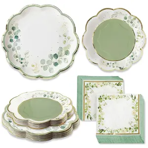 Kate Aspen Disposable Eucalyptus Sage Green 62-Piece Tableware Set, Home & Festive Party Supplies for Garden-Themed Bridal & Baby Showers