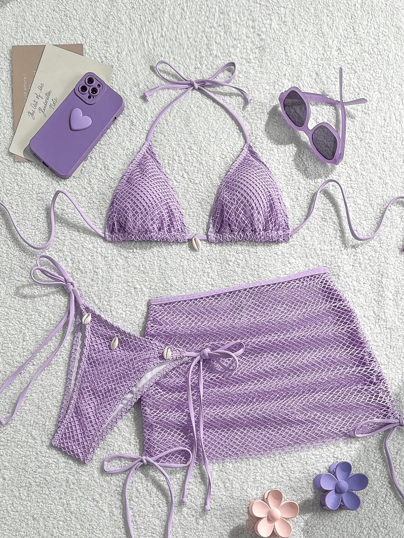 Three-Piece Set Women's Solid Bikini Set, Casual Fishing Net Cover Up Skirt & Swim Top & Swim Bottom, Fashion Chic Ladies Bathing Suit for Beach Holiday Vacation