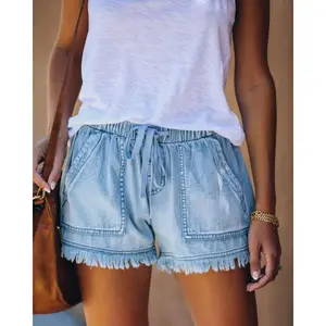 Women's Plain Loose Adjustable Drawstring Waist Denim Shorts, Casual Fashion Pocket Shorts for Daily Wear, Ladies Summer Bottoms